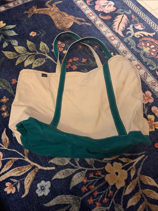 Lands' End Handbags - Lands' End Cream Canvas Tote with Green Trim
